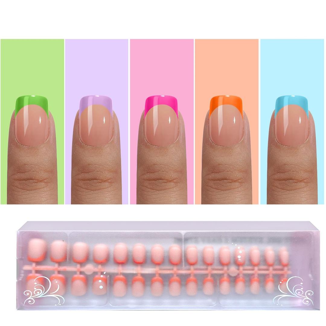 2 x Jsiallye French Tip Press on Nails,Multicolo French Press On Nails Extra Short Square,No Need to File 4 in 1 Gel Nail Tips Pre-lasting,Soak off False Nail Tips for Women Nail DIY Extension 15 Size