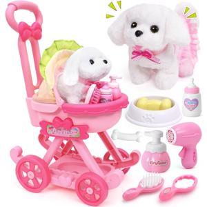 Golray Dog Toys for Kids Girls, Stroller & Electronic Interactive Stuffed Dog Plush Can Walk Bark, 10 Pcs Toddler Girl Toy Dog Puppy Pet Care Pretend Play Set, Birthday Gifts for Little Girl 3 4 5 6 7