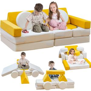 13PCS Modular Kids Play Couch, Kids Couch with Washable Velvet Cover, 5 Seconds Instant Expansion,Convertible Foam and Floor Cushion for Nursery Playroom, Yellow & Beige