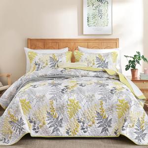 WONGS BEDDING Botanical Quilt Set Queen Size,Yellow Quilt with Colorful Leaves Pattern, 3 Pieces Soft Lightweight Microfiber Coverlet Set with 2 Pillowcases for All Season (Yellow Grey)