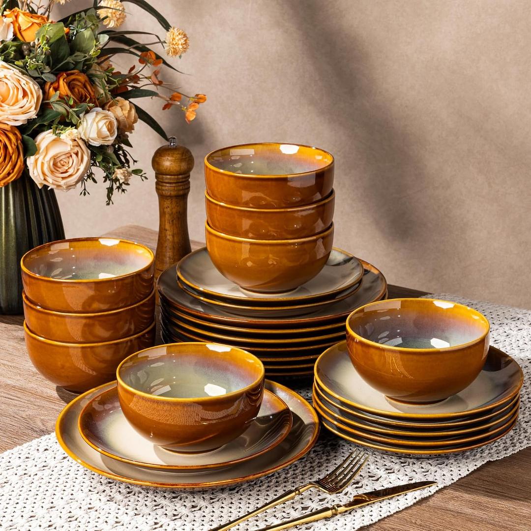 LERATIO Ceramic Dinnerware Sets for 8,Stoneware Plates and Bowls Sets,Handmade Reactive Glaze Dishes Set,Chip Resistant and Scratch Resistant | Oven&Dishwasher & Microwave Safe-Kahki (24PCS)