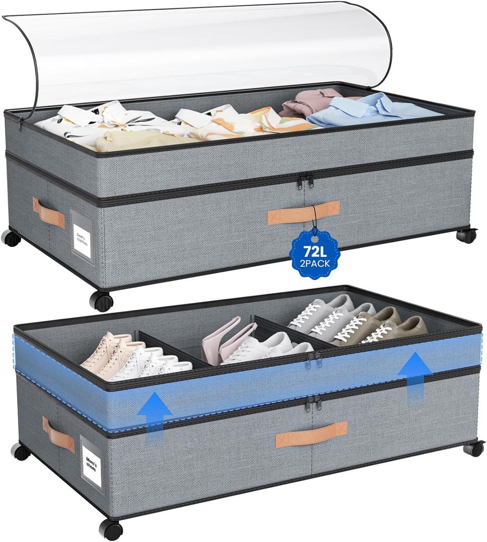 Under Bed Storage with Wheels, 72L XXL Under the Bed Storage Containers Large, 10 Tall Adjustable Storage for Underbed with Lids, Rolling for Shoes, Clothes, Blankets, Grey