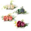 Cinaci 4 Pack Silver Metal Hair Side Combs Slides with Artificial Rose Flower Floral Wedding Bridal Headpieces Clips Hairpins Barrettes Bun Chignon Hair Accessories for Women Flower Girls Bridesmaids (Ivory, Pink, Teal and Fuchsia)
