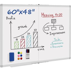 Dry Erase White Board 60 X 48 Inch, Wall-Mounted Silver Aluminum Frame Marker Presentation Board, 5' X 4' Foldable Portable Whiteboard with Pen Tray for School, Classroom, Office & Home