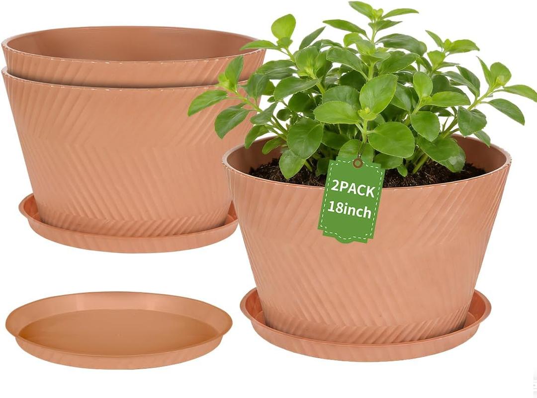Set of 2-18 Inch Large Planter Set Includes a Pot with Round Drainage Holes and a Tray, Suitable for Tall Plants and Flowers. Extra-Large Outdoor Terracotta-Colored Plastic Planter