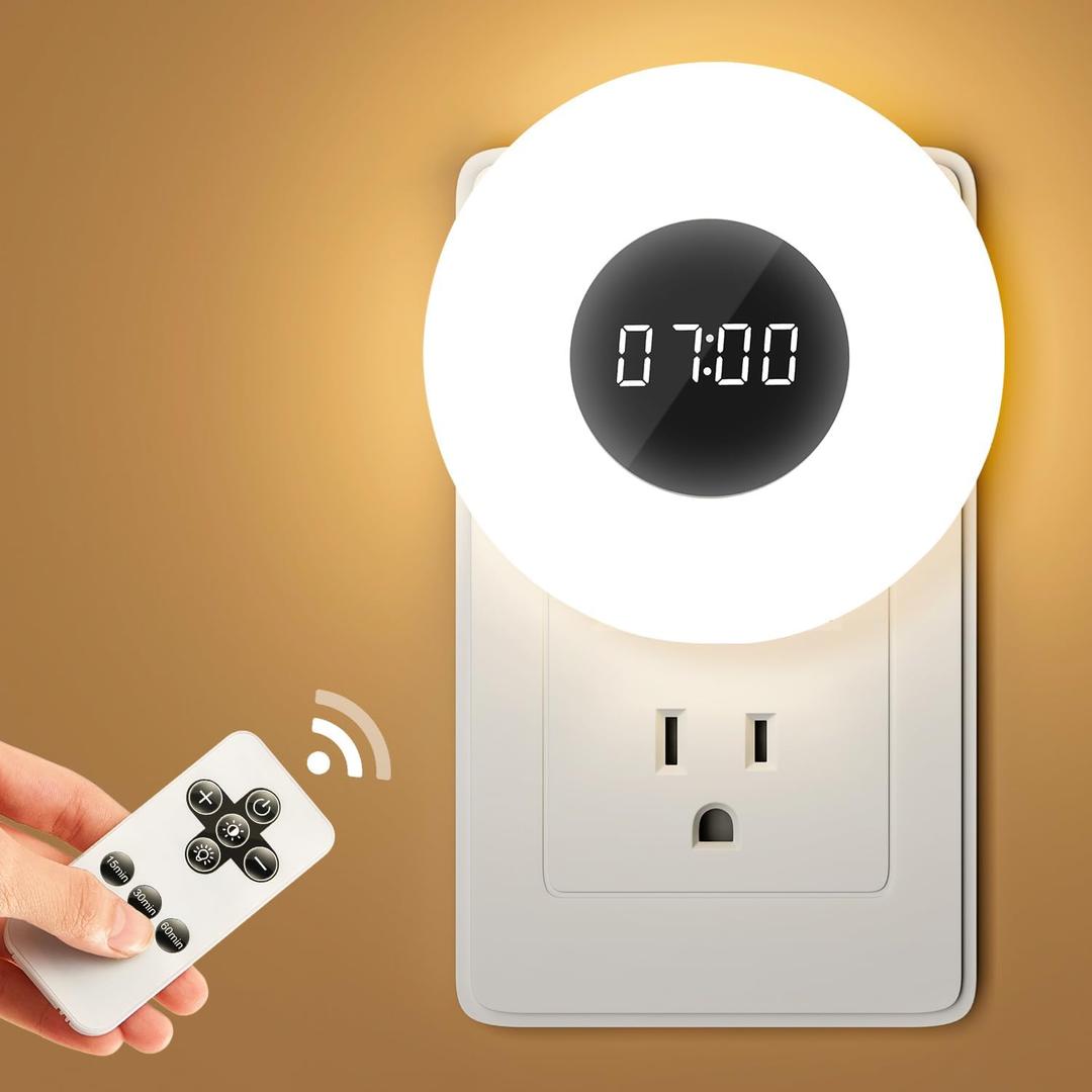 Kids' Nightlights with Clock & Remote, 3 Color Dimmable Plug-in Night Light, Auto Timer for Bathroom & Toilet