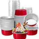 100Pcs Aluminum Cups with Lids,5oz Disposable Ramekin Baking Cups Muffin Liners Mini Pie Pans Foil Cupcake Containers for Christmas Party Wedding Party,Red