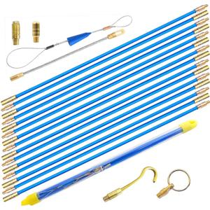 50' Fiberglass Cable Wire Running Rod Coaxial Electrical Connectable Fish Tape Pull Kit With Hook And Hole Kit In Transparent Tube, Blue