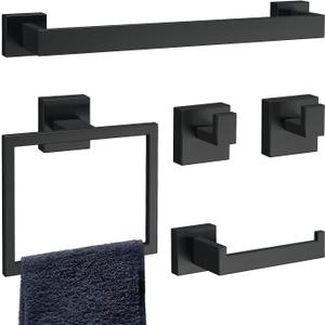 5-Piece Matte Black Bathroom Accessories Set, SUS304 Stainless Steel Wall Mounted 16 Inch Hand Towel Bar, Toilet Paper Holder, Towel Ring, Towel Hooks, Bathroom Hardware Set, Towel Bar Set (5 Piece-16 inch)