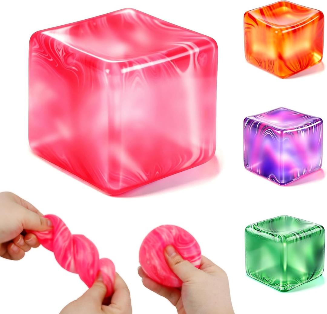 2 x Ice Cube Squishy Toys, Sensory Fidget Toy for Adults Kids | Squeeze Squishies Cube Stress Balls for Anxiety Class Prizes Party Favors Gifts Stocking Stuffers-Pink