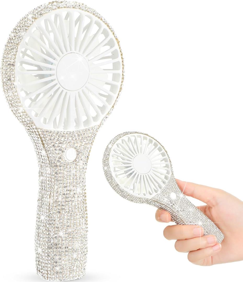 Mudder Rhinestone Handheld Fan Crystal Bling Mini Personal Fan Glitter Bedazzled Portable USB Rechargeable & Battery Operated for Girls Women Outdoor Travel Indoor Makeup Office(White, Not Foldable)