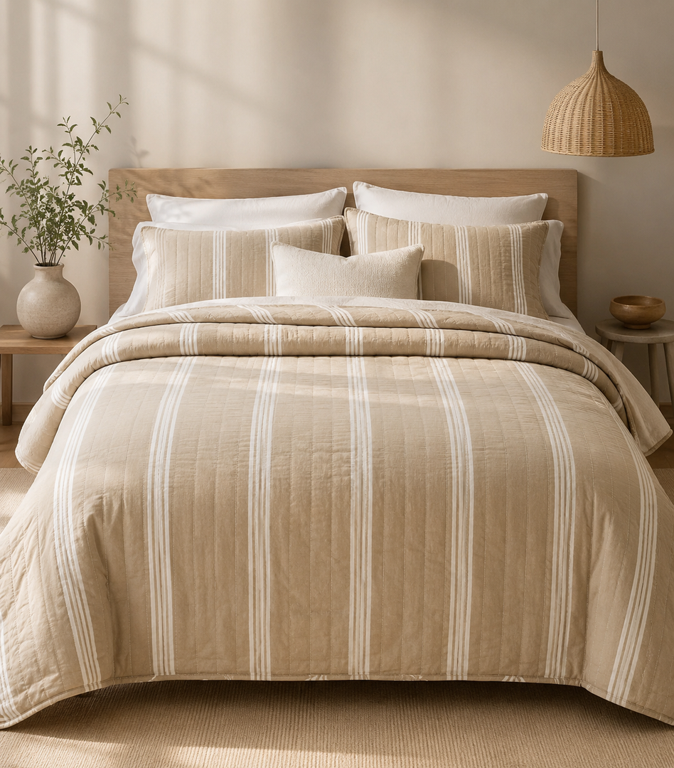 WDCOZY Velvet Queen Size Quilt Set - Beige Striped Soft Lightweight Bedspread, Tan Neutral Channel Farmhouse Country Rustic Coverlet, Taupe Camel Modern Bedding Kakhi Warm Thin Comforter, 3 Pieces