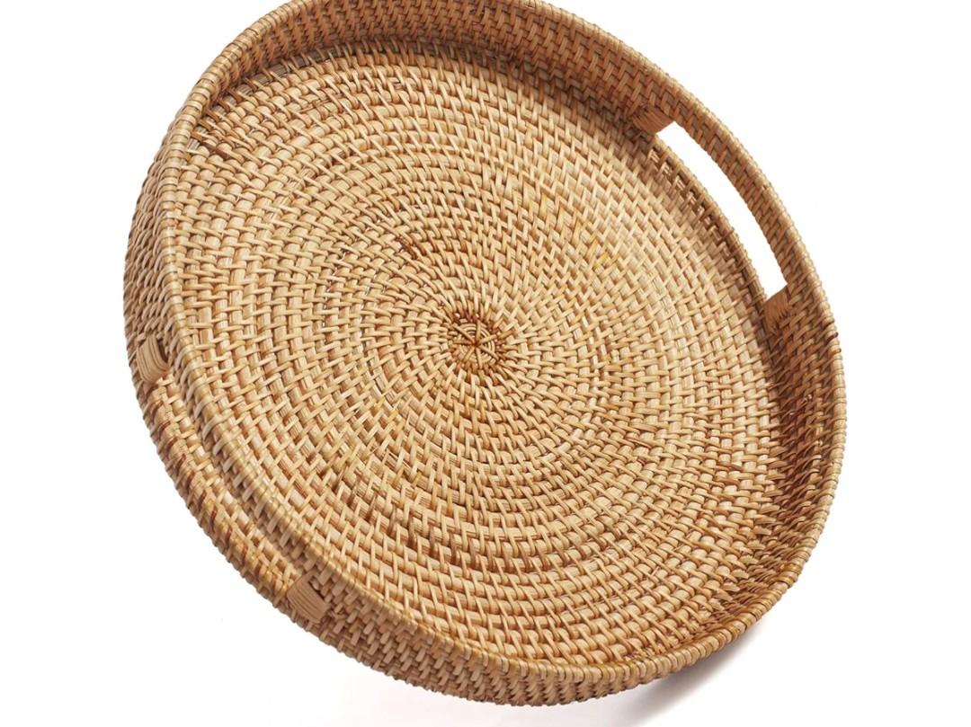 Coffee Table Tray Round Rattan Ottoman Tray Woven Serving Trays with Handles for Home and Kitchen Decorative Natural (Large 14 inch x 2.4 inch)