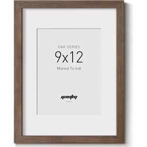 Yaetm 9x12 Picture Frame with Mat for 6x8 - Brown Walnut, Rustic Solid Wood Photo Frame 9 x 12 with Tempered Glass for Art Print & Picture, Horizontal and Vertical Wall Mount (Single, Walnut)