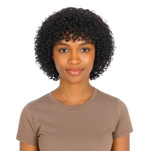 Curly Human Hair Wig with Bangs, Glueless Short Wigs for Black Women, Natural Black Bob Wig Human Hair Machine Made 1B
