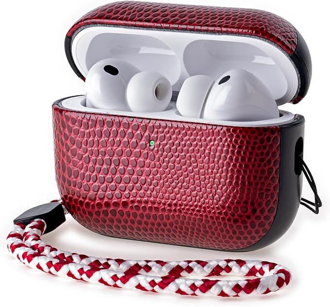 Leather Case for AirPods Pro 3 (3rd Gen 2025), Adjustable Lanyard, Vegan Lizard Texture Leather, Hard Shell, Scratch/Shock Proof, Wireless Charging, for Fashion & Luxury Lovers, Red