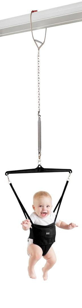 Jolly Jumper Iconic (Black), Doorway Baby Jumper, Indoor Exercise Saddle Seat, Adjustable Height, for Infants up to 28lbs, No Stand Required Black Saddle