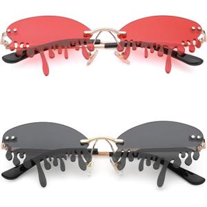 COASION Fire Flame Heart Sunglasses for Women Men Rimless 2 Pack Red Orange Pumpkin Glasses Halloween Party Costume (Tears/Red + Tears/Gray)