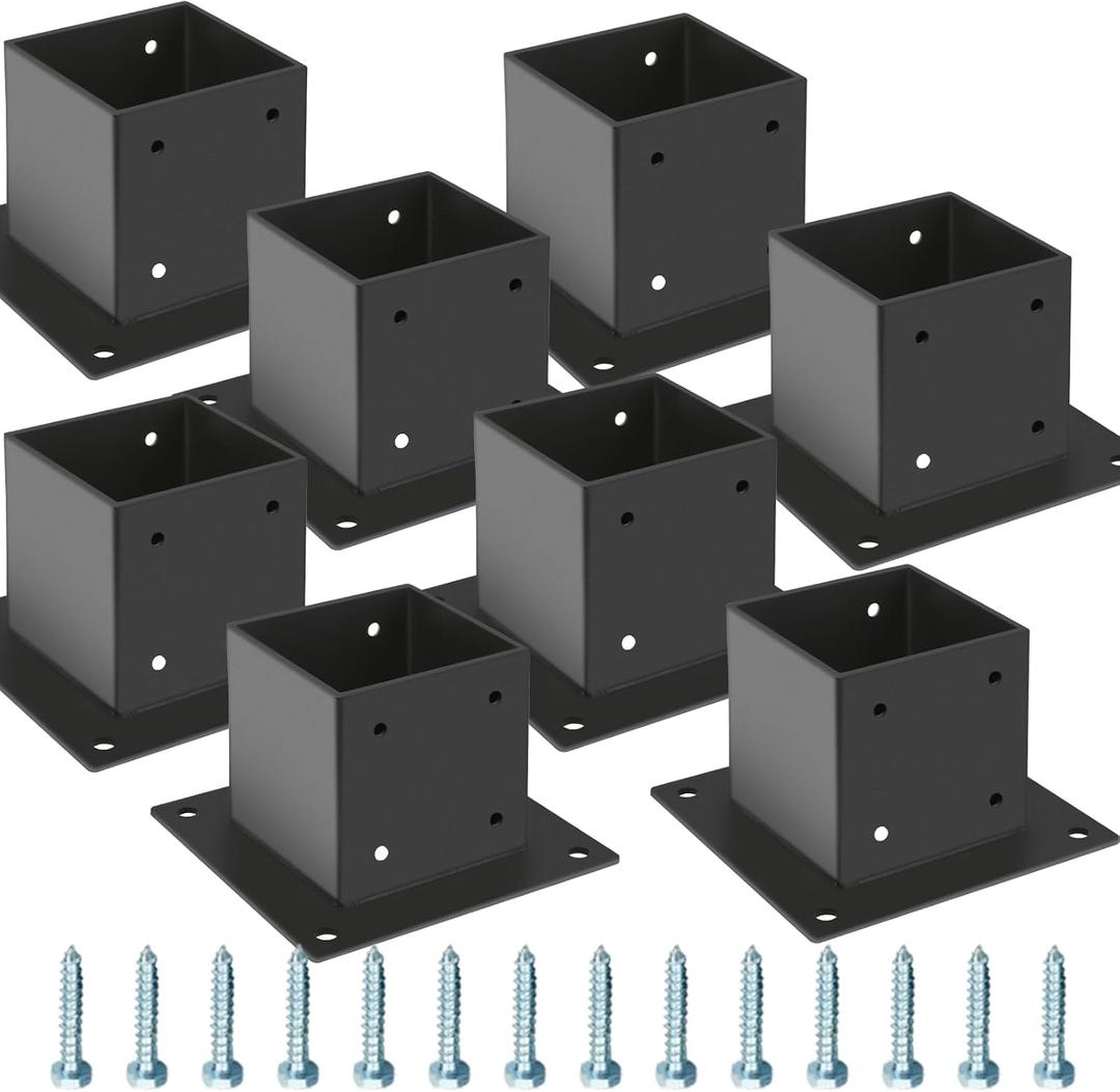 44 Post Base 8 Pcs, Deck Brackets, Inner Size 3.5"x3.5" Thick Steel Fence Anchor Base, Black Powder Coated Heavy, for Supports Porch Railing Holders Pergola Brackets