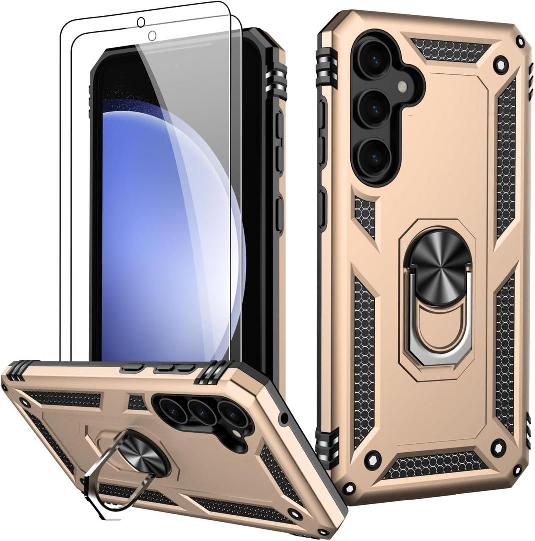 LUMARKE for Galaxy S23 FE Case with Screen Protector,Pass 16ft. Drop Tested Military Grade Protective Phone Cover with Magnetic Ring Kickstand Compatible with Car Mount Holder Gold