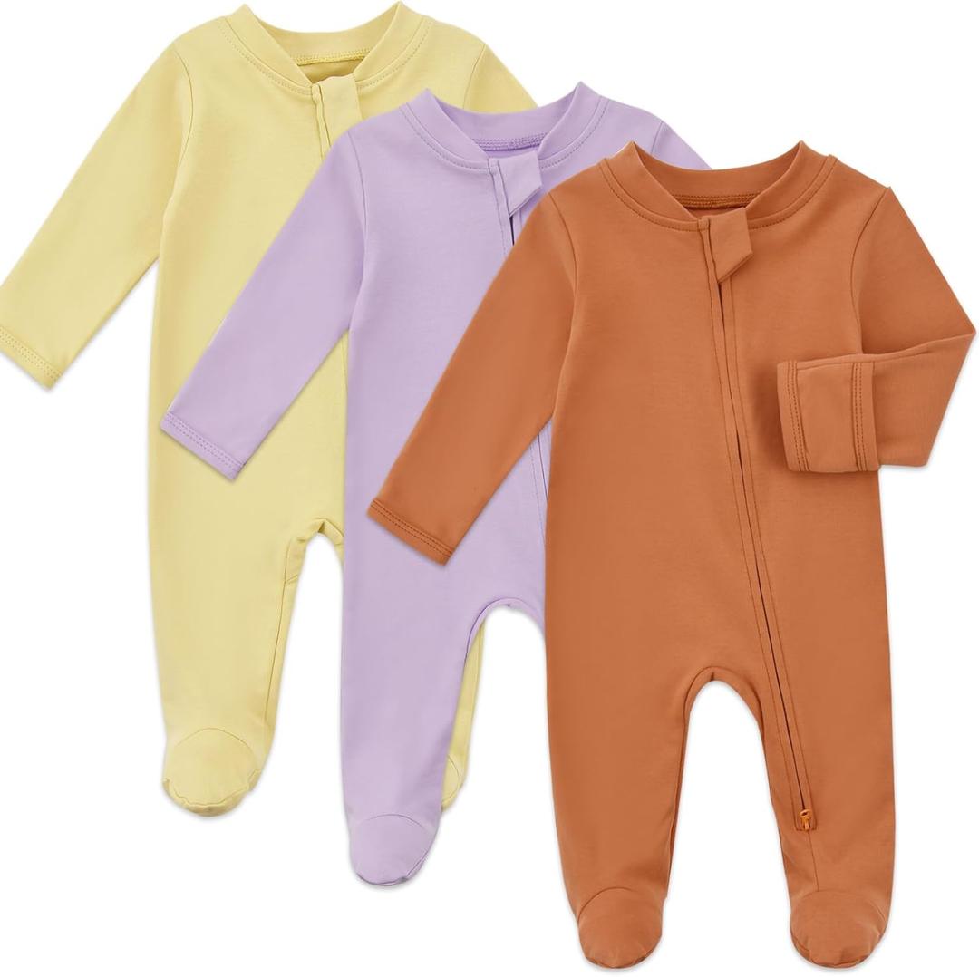 Aablexema Baby Organic Cotton Pajamas 2 Way Zipper Preemie Newborn One Piece Outfit Long Sleeve Footed Sleepwear (0-3 Months, Yellow/Purple/Orange)