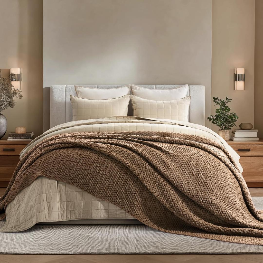 EVERGRACEHOME Chunky Chenille Knit Throw Blanket for Couch, Soft Luxurious Oversized King Moss Stitch Blanket for Bed, Large Cozy Farmhouse Knitted Throw for Sofa, Camel Brown, 92" x 108"