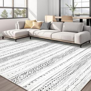 Area Rug Living Room Rugs - 9x12 Washable Boho Farmhouse Bohemian Neutral Large Moroccan Geometric Soft No Slip Indoor Thin Floor Carpet for Bedroom Under Dining Table Home Office - Square Grey