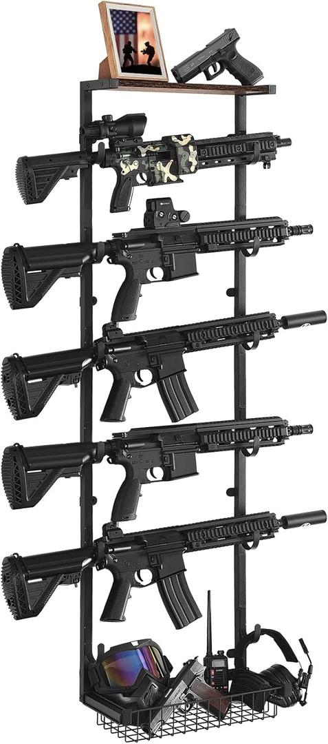 Gun Rack Wall Mount, 6 Gun Rack for Wall with Storage Basket, Rifle Racks Wall Mount Gun Display for Hunting Rifle Airsoft Gun Holder, Black (L- 6 Hooks)