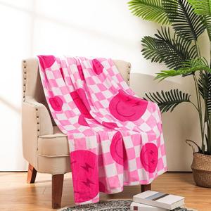 Frienda Preppy Throw Blanket Smile Face Cute Flannel Soft Plush Fuzzy Blanket Preppy Bedding Stuff for Dormitory Living Room 50" x 60"(Checkered Smile Face)