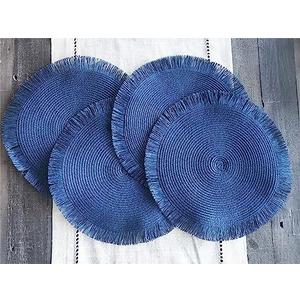 Fennco Styles Handwoven Fringe Boho Placemats 15" Round, Set of 2 - Navy Blue Braided Texture Table Mats for Home, Dining Room, Banquets, Family Gathering and Special Occasion