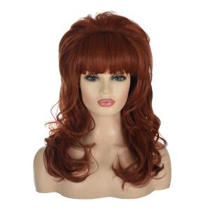 MORTICIA Women 80s Hippie Drag Queen Hair with Red Pearl Necklace Beehive Vintage Retro Bouffant Costume Curly Long Synthetic Wig with Bangs (Auburn)