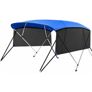 KAKIT 3 4 Bow Bimini Tops with Mesh Sidewalls Support Poles for Boats Marine Grade Canvas Top Includes 2 Straps Storage Boot 1 Inch Aluminum Frame (Blue, 3 Bow 6'L x 46" H x 61"-66" W)