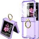 for Samsung Galaxy Z Flip 6 Clear Case Luxury Hinge Protection with Ring Holder & Screen Protector Soft All-Inclusive Shockproof Cover (Purple)