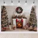 Mocsicka Christmas Fireplace Backdrop Christmas White Brick Wall Fireplace Photography Background Rustic Xmas Eve Family Holiday Party Christmas Tree Gifts Decorations Props (7x5ft)