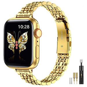 MioHHR Slim Metal Band Compatible with Apple Watch Band 42mm(Series 11 10) 41mm(Series 9 8 7) 40mm(Series 6 5 4 SE3/2/1) 38mm(Series 3 2 1),Stainless Steel iWatch Bands for Women,Gold