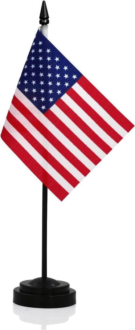 ANLEY American Deluxe Desk Flag Set - 6 x 4 inch Miniature US National Desktop Flag with 12" Solid Pole - Vivid Color and Fade Resistant - Black Base and Spear Top