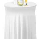 Tegeme 1 Pack 32 x 43 Inch Round Spandex Cocktail Tablecloths with Skirt Cocktail Round Table Cover Spandex Stretch Tablecloth for Fitted High Top Table Bar Wedding Party Banquet (White)