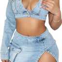 Molilove Women's Denim 2 Piece Outfits One-Shoulder Button Down Crop Top and Split Mini Skirt Set Summer Sexy Tracksuits M