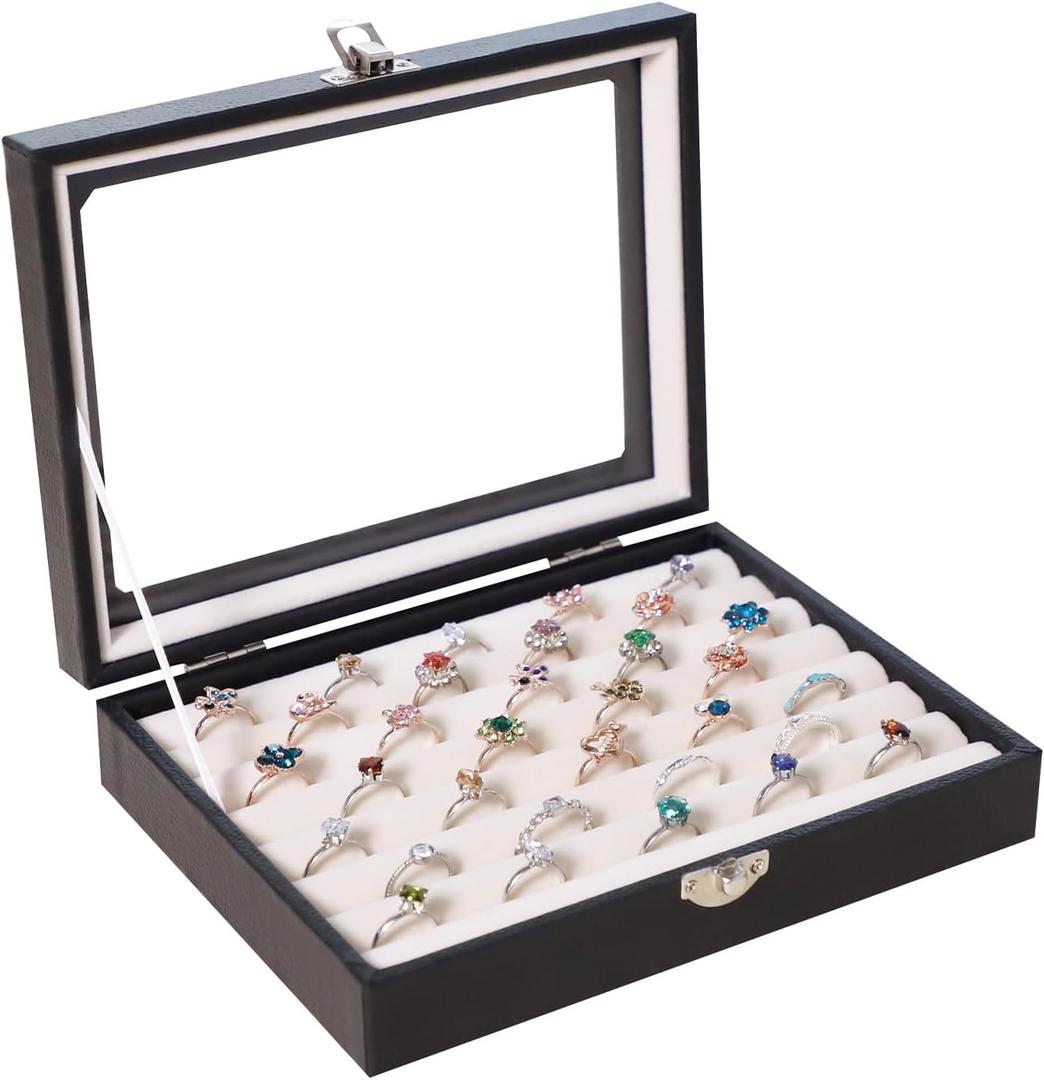 Stratalife Ring Holder Small Jewelry Box Display Case with Clear Lid Cute Ring Organizer Drawer Jewelry Storage Gift for Women Beige
