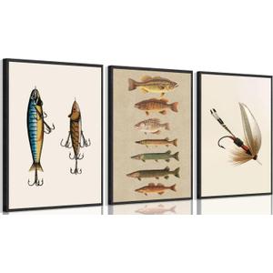ZPJLRFC 3Pcs Vintage Fishing Canvas Wall Art Minimalism Fishing Gear Posters Artwork Fisherman Cave Painting Pictures Wall Decor for Outdoorsy Cabin Kitchen Fisherman Home Decoration 12x16in Unframed (16L"x12W")