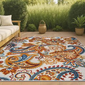 JONATHAN Y AMC103B-8 Gordes Paisley High-Low Indoor Outdoor Area-Rug Bohemian Floral Easy-Cleaning High Traffic Bedroom Kitchen Backyard Patio Porch Non Shedding, 8 ft x 10 ft, Orange/Multi (7'9" x 10' (Rectangular))