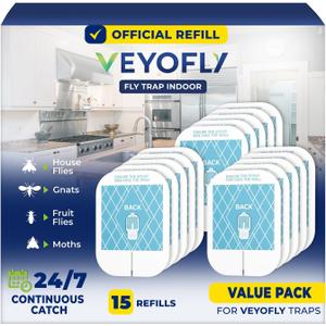 VEYOFLY Fly Trap Indoor Refill, Fruit Fly Traps for Indoors, Gnat Traps for House Indoor, Fly Catcher, Fly Trap, Plug in Catch for Fruit Flies, Moths, Gnats, Mosquito Trap (Pack of 15 Refills) (White)