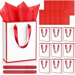 Yeaqee 10 Pack Metallic Paper Gift Bags with Handle Tissue Paper Thank You 5 Senses Gift Bag for Birthday Wedding Baby Shower Groomsmen Bridal Graduation Party Favor 9 x 7 x 3.15''(White,Red)