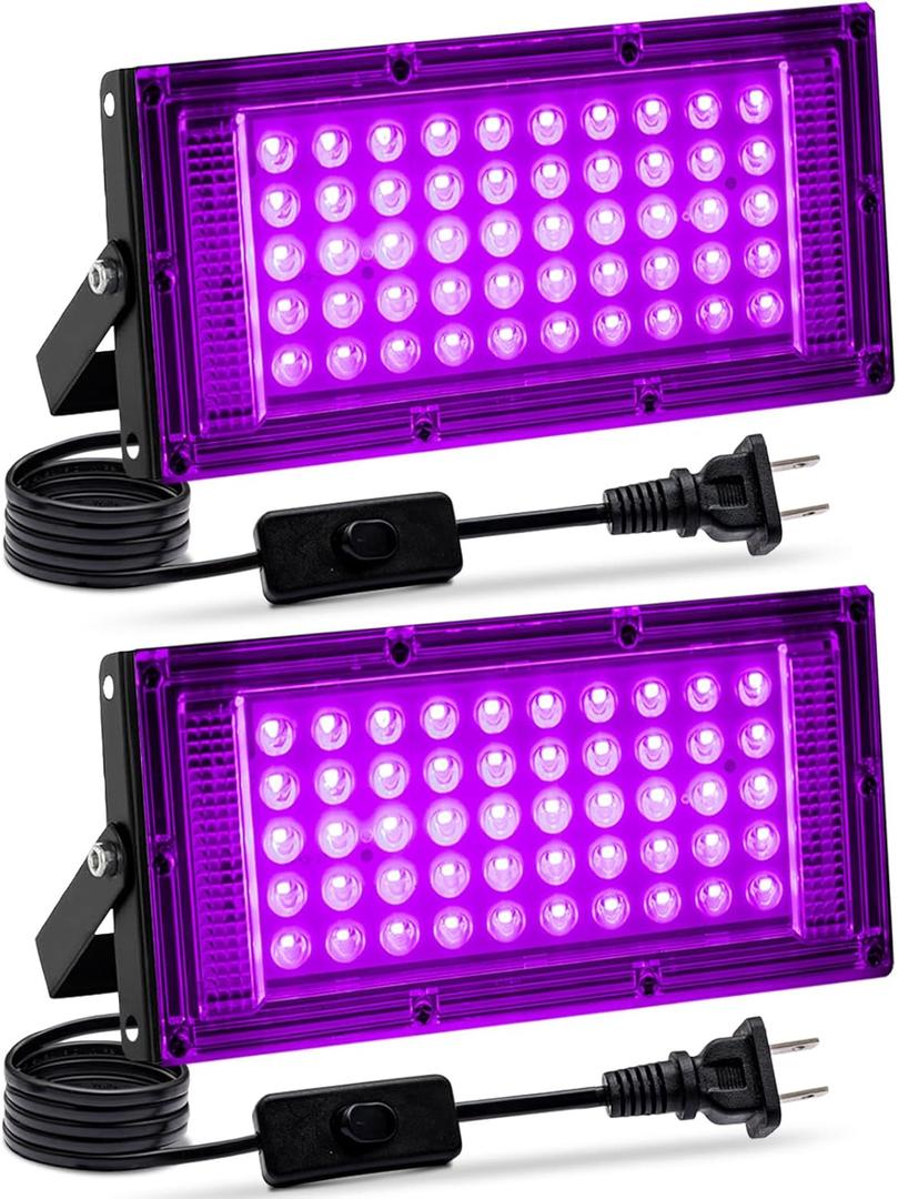 2 Pack 50W Black Light, LED Blacklight with US Plug and Switch, Black Lights for Glow and Neon Parties, Halloween, Body Painting, Birthday Party, Fluorescent Painting and Tapestry