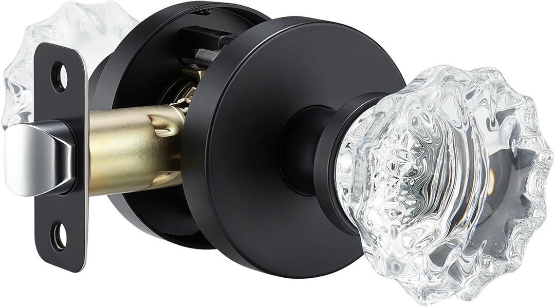Glass Crystal Door knobs, Passage Door Lever, Keyless Function for Hallway and Closet, Zinc Alloy Base (Black, Passage)
