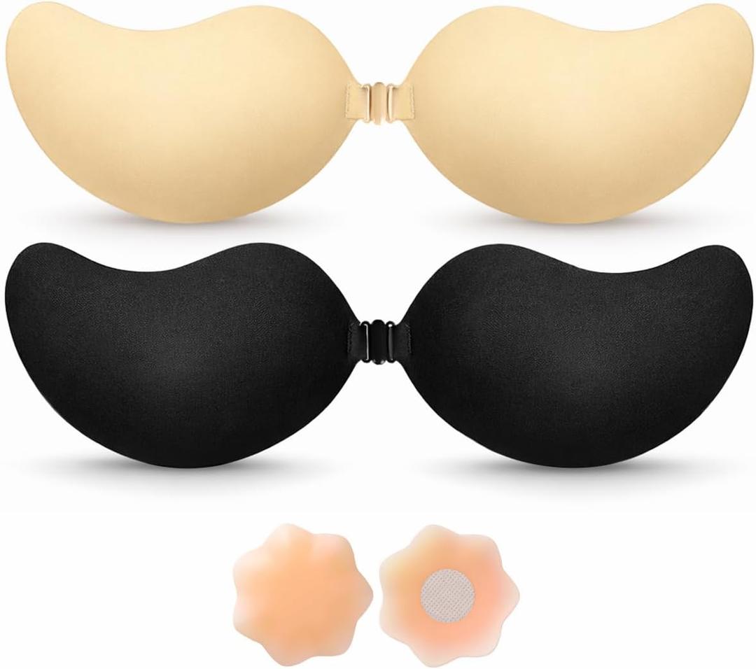 BLOOMORA Sticky Bra Push Up – Backless Bra, 2 Pair Invisible Adhesive Strapless Bras with Clip, Black & Nude Sticky Bras - Reusable Nipple Covers, Sujetador sin Tirantes para Mujer - A Cup