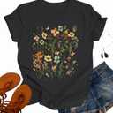 OCURHU Womens Boho Shirts Retro Floral Tshirt Cute Daisy Graphic Short Sleeve Tee Navy Blue 2XL