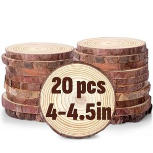 FUMILE Unfinished Natural Wood Slices 4-4.5 Inch, 20 PCS Round Wooden Discs with Tree Bark, Wood Rounds for Crafts Christmas Ornaments, Wood Circles for Rustic Wedding Decoration