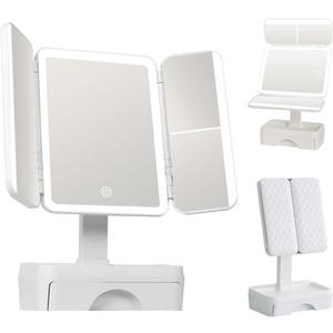 Tri Fold Lighted Makeup Mirror with Storage & 3X Magnification, Small Vanity Mirror, 3-Color Dimmable LED Vanity Mirror, Touch Control Vanity Mirrors, Travel Makeup Mirror for Women (White)