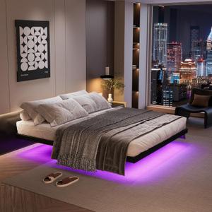 Floating Bed Frame Queen with LED Lights and Charging Station, 14 Inch Queen Modern Bed Frame Easy Assembly No Box Spring Needed
